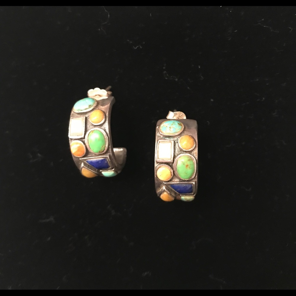 SIlver Turquoise, Lapis,Moonstone & Coral hoops